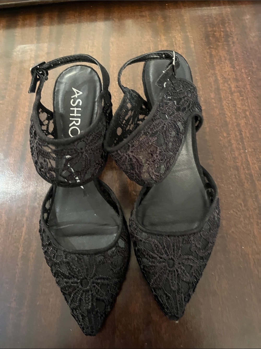 Ashro Black Lace Pointed Ankle-Strap Heels